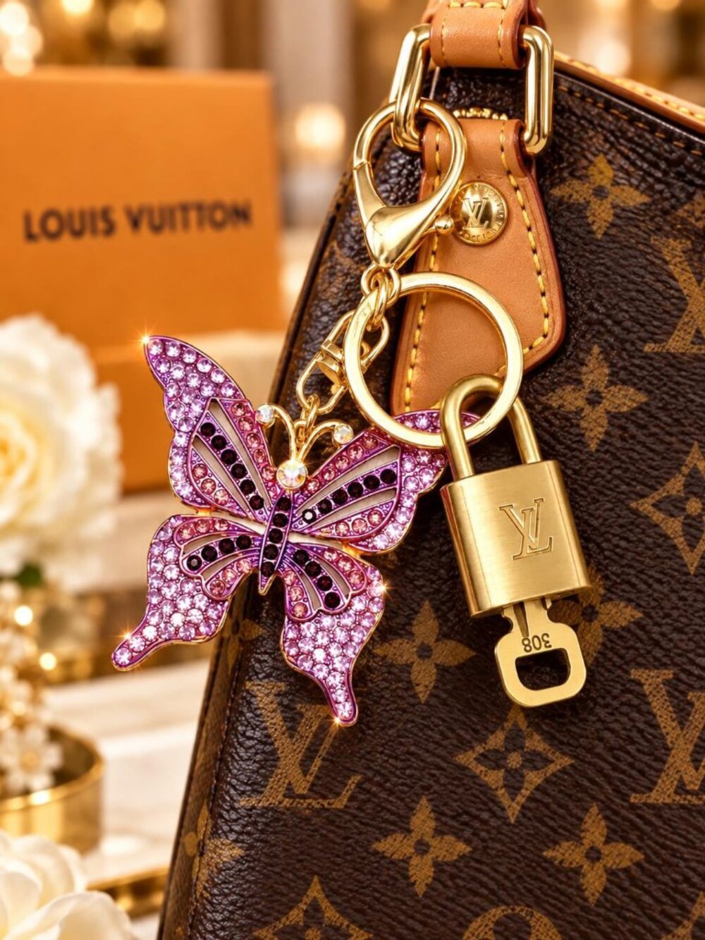 LV Gold Padlock Authentic 🔑 Luxury Bag Charm w/ Unbranded Butterfly Keychain